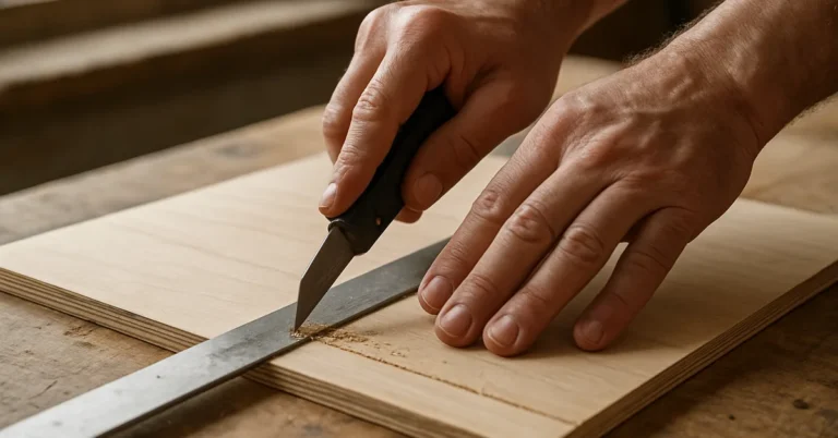 woodworker scoring a straight cut line into plywood with a utility knife and metal straightedge