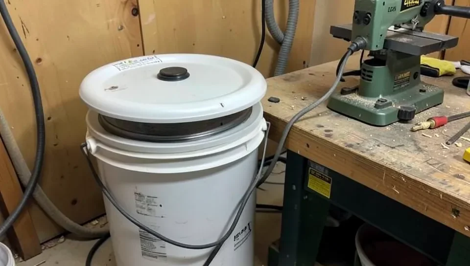 Cyclone dust separator lid on a bucket used ahead of a shop vacuum for table saw dust