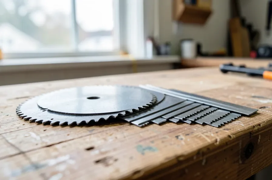 Stacked dado blade set with outer blades, chippers, and shims laid out next to a table saw throat plate