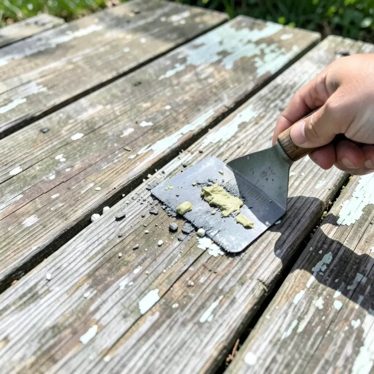 Scraping old peeling paint off a wood deck before repainting
