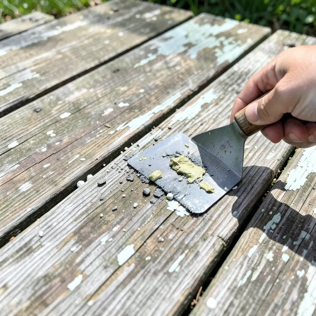 Scraping old peeling paint off a wood deck before repainting
