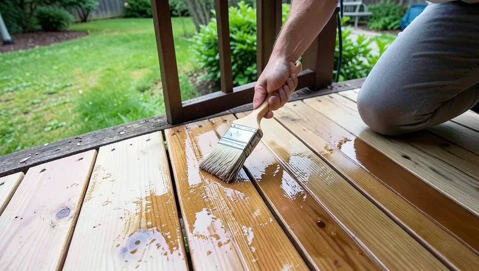 Applying wood stain to deck boards with a brush, showing wet stained boards next to dry unstained boards
