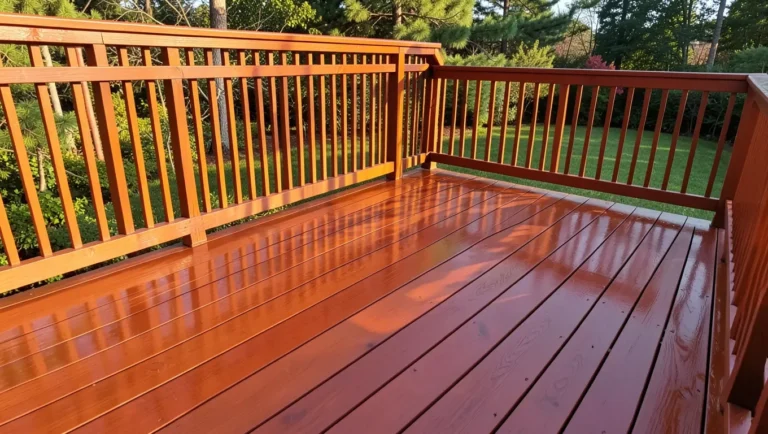 Freshly stained wood deck with rich reddish-brown finish