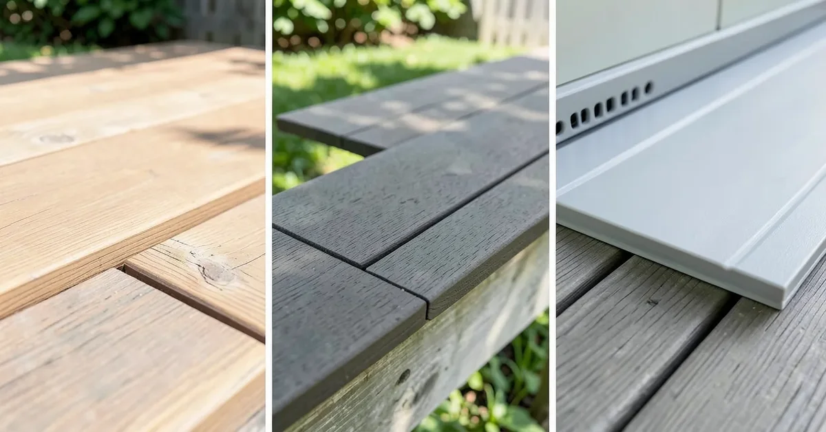 Close-up comparison of wood, composite, and PVC decking boards side by side