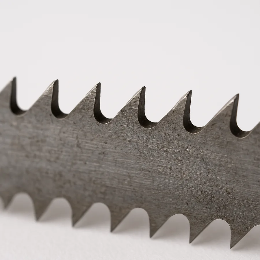 Close-up of reciprocating saw blade teeth showing tooth pitch pattern