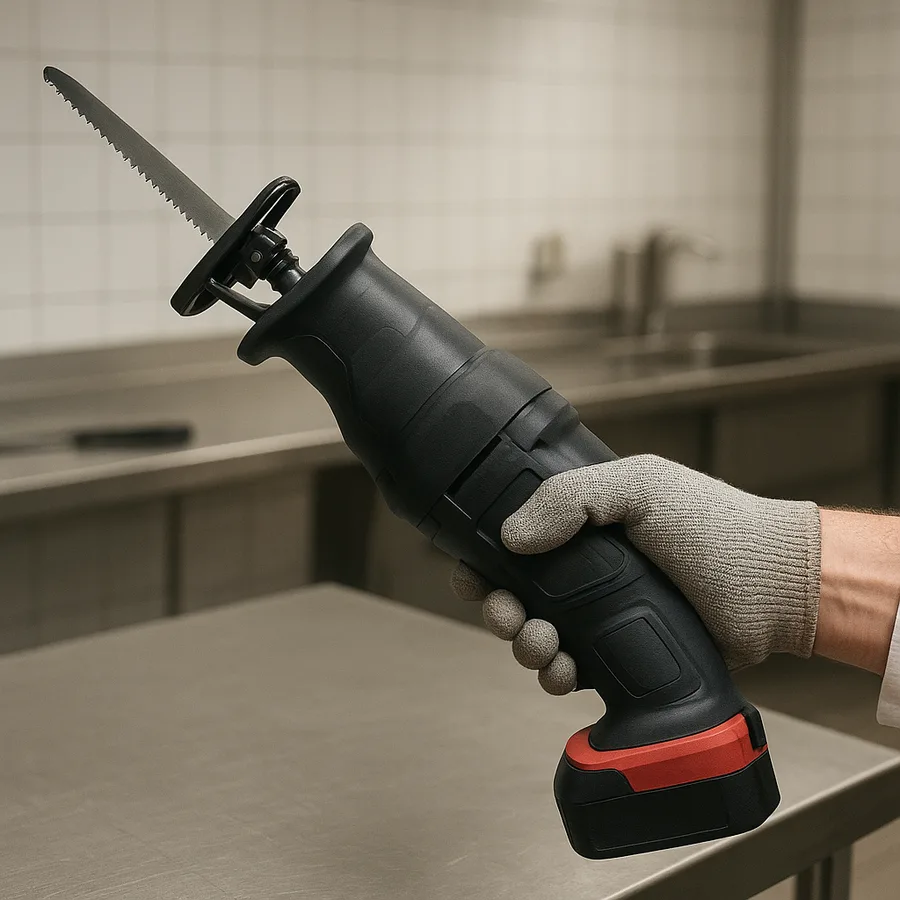 Gloved hand holding a reciprocating saw with bone-cutting blade in a workshop