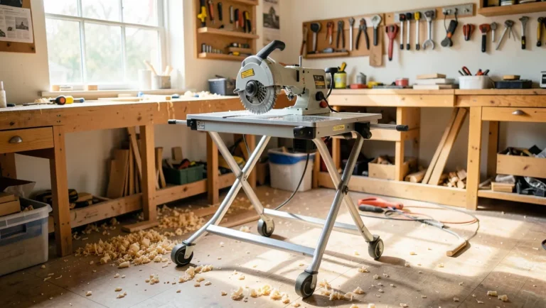 Portable contractor table saw with folding stand in a home woodworking workshop