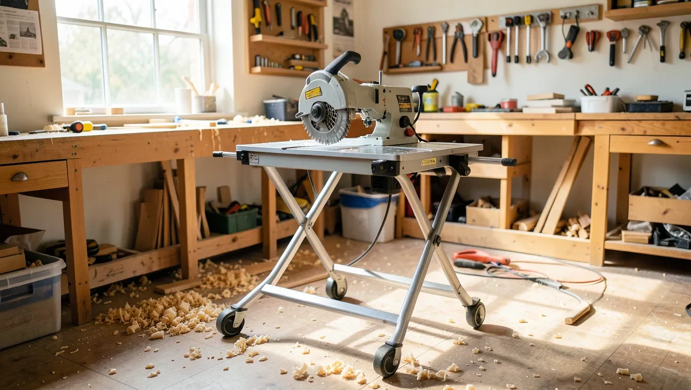 Portable contractor table saw with folding stand in a home woodworking workshop