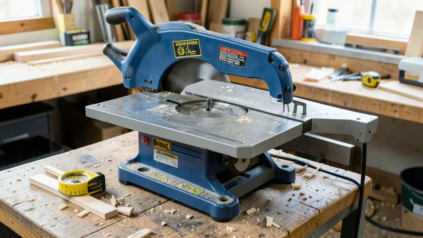 Contractor-style table saw in a home woodworking workshop