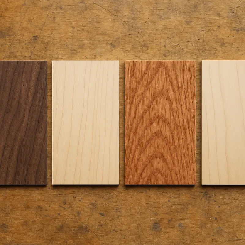 Wood grain comparison of walnut, maple, ash and birch samples side by side