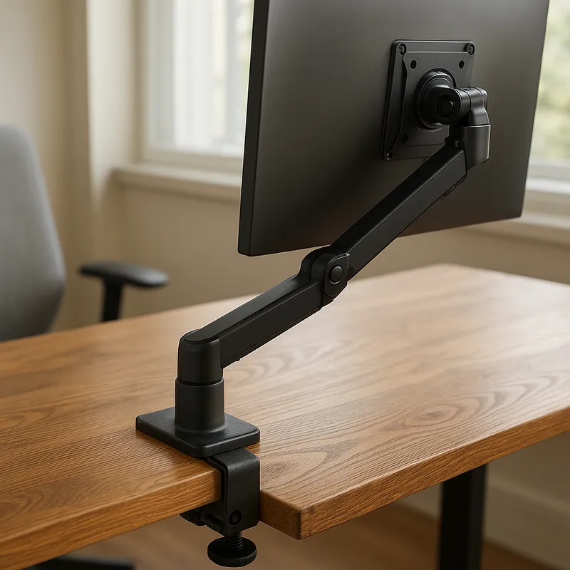Monitor arm clamped to the edge of a wood desktop