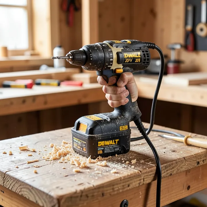 DeWalt 20V drill running with a corded battery adapter for continuous bench power