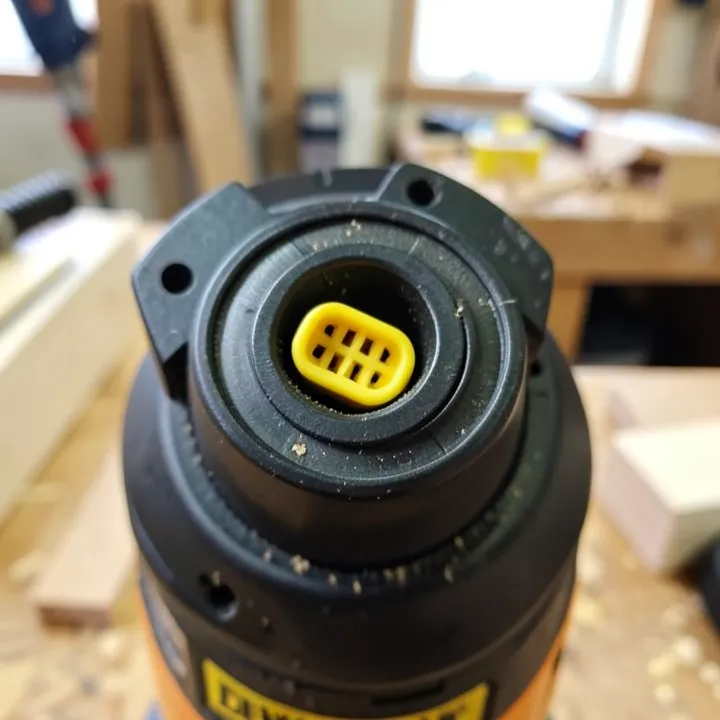 Close-up of a DeWalt cordless drill battery terminal slot with the yellow connector visible