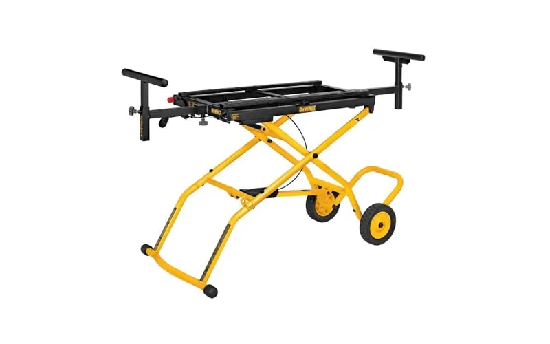 DeWalt DWX726 rolling miter saw stand with material support arms extended in a home garage workshop DeWalt DWX726 rolling miter saw stand with material support arms extended in a home garage workshop