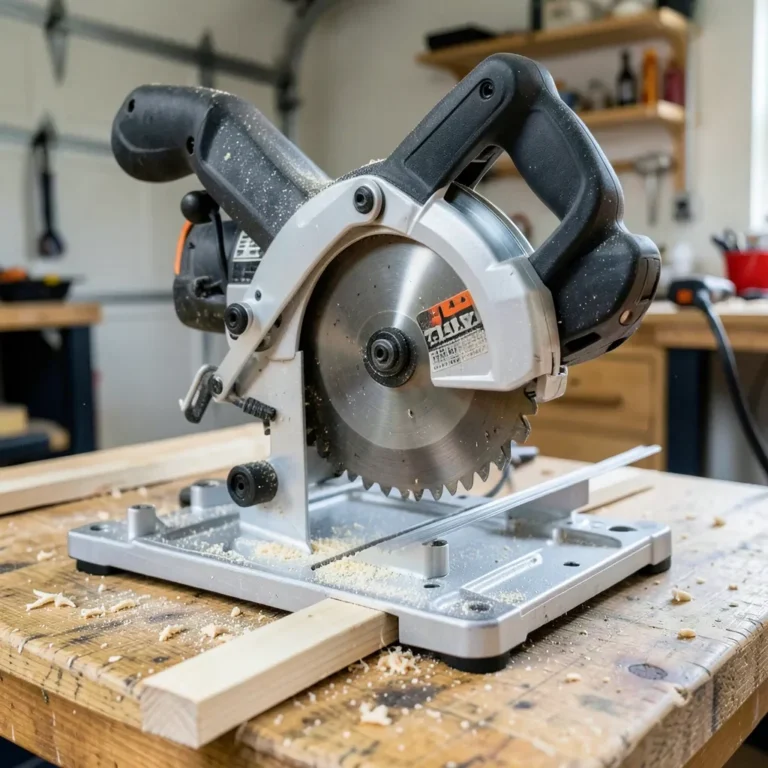 Compound miter saw mid-cut through a piece of wood trim on a workbench