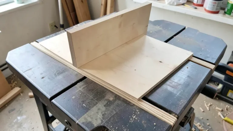 Plywood crosscut sled with tall back fence riding in the miter slots of a table saw