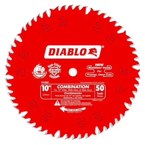 Diablo D1050X 10 inch 50-tooth combination table saw blade with rotation label