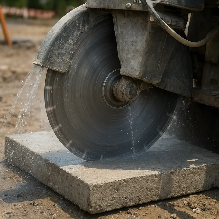 Close-up illustration of a diamond blade wet-cutting concrete with water spray controlling dust Close-up illustration of a diamond blade wet-cutting concrete with water spray controlling dust