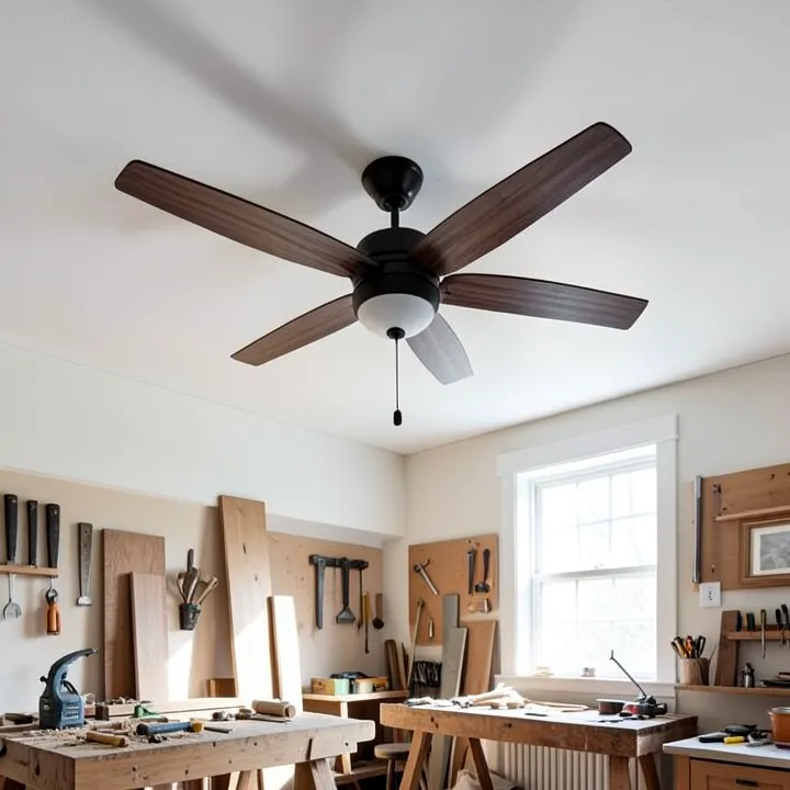 Ceiling fan with dark wood-tone blades installed on a white ceiling
