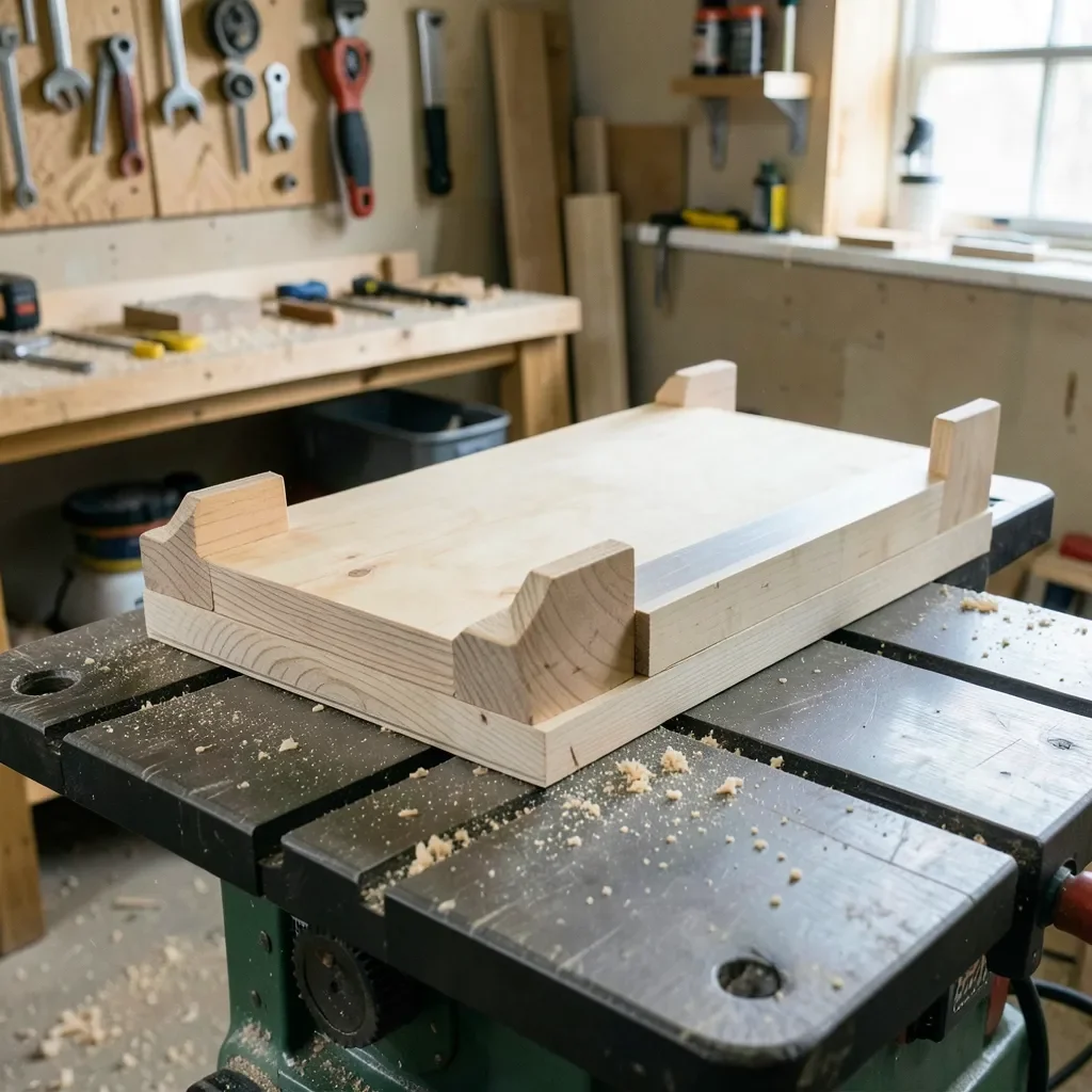 Homemade wooden table saw cross cut sled with plywood base and fences
