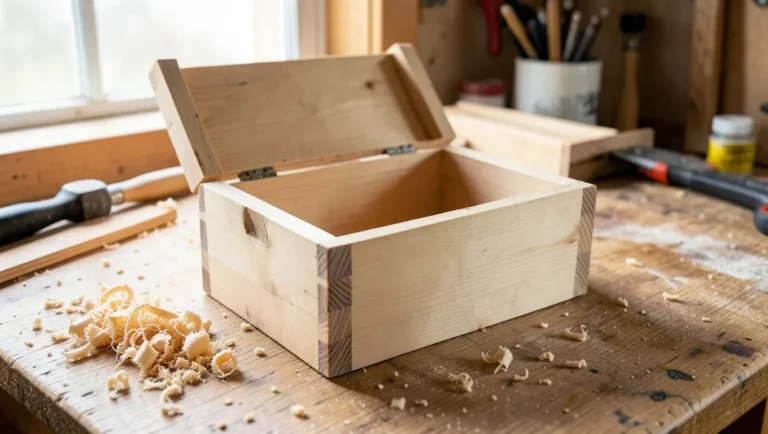 Handmade wooden box with box-joint corners open on a workbench with wood shavings