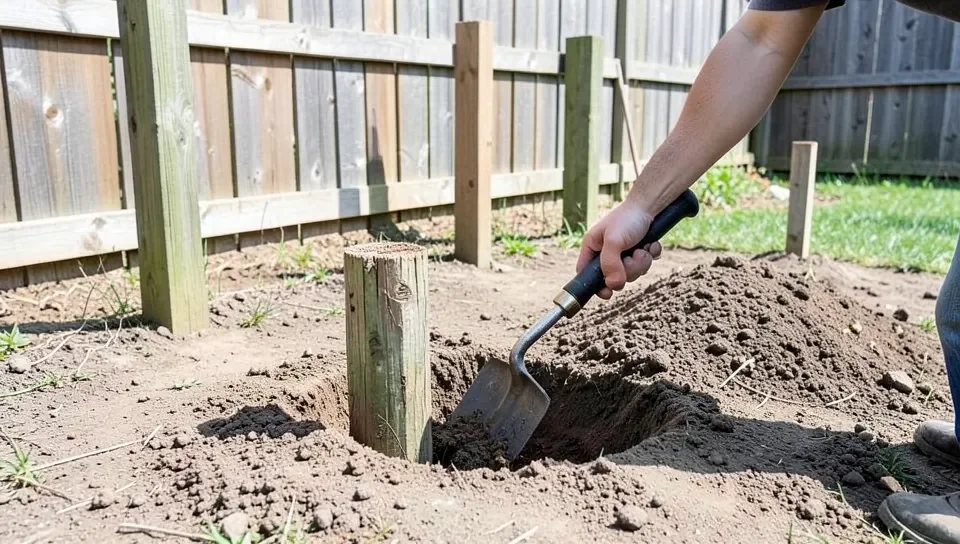 person digging a fence post hole by hand with a post hole digger next to a partially built wood fence