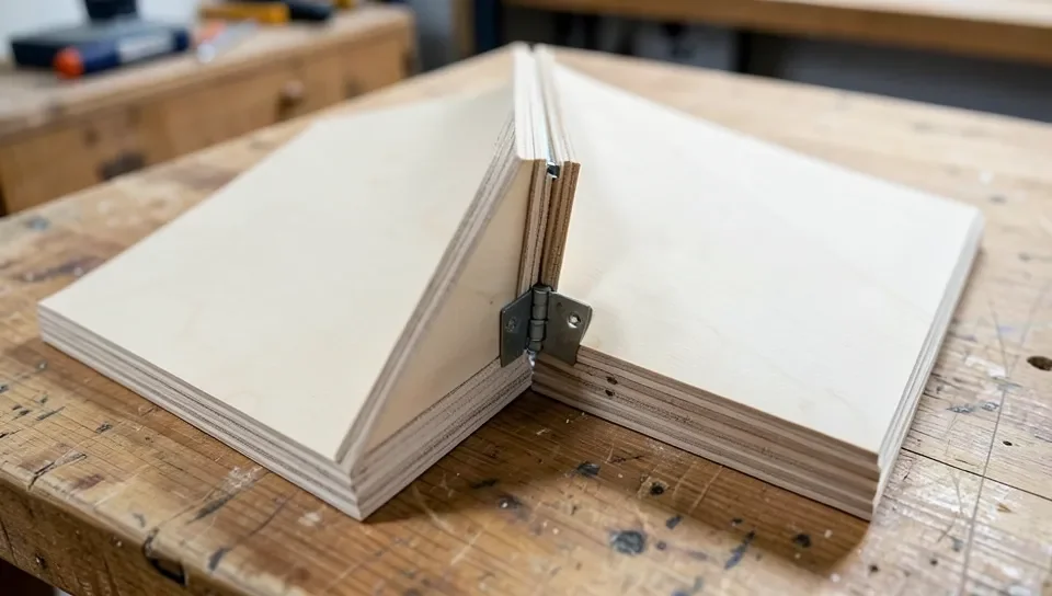 Close-up of a hinge joint connecting two thin plywood panels on a folding DM screen