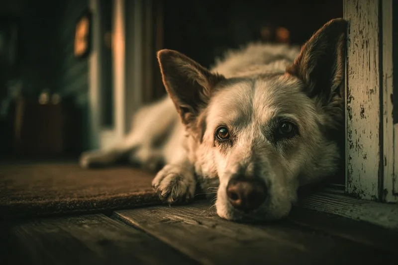 Dog lying on a wood floor, illustrating everyday pet hair and shedding Dog lying on a wood floor, illustrating everyday pet hair and shedding