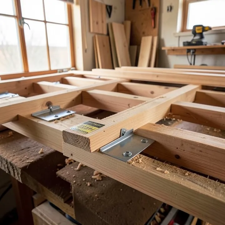 Prefabricated wood floor trusses with metal connector plates and a grade stamp used to compare Douglas Fir and Southern Yellow Pine framing lumber