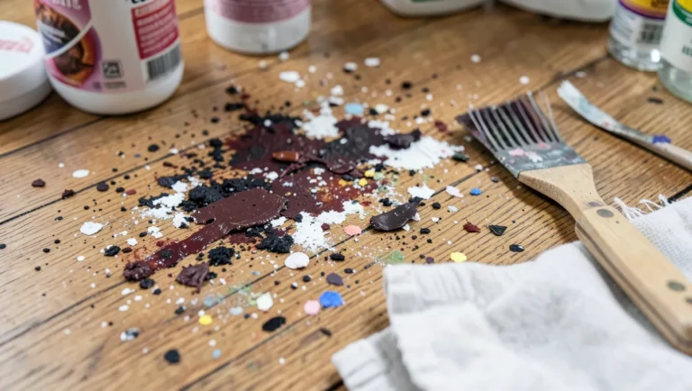 Dried paint splatter on a wood floor with cleanup supplies