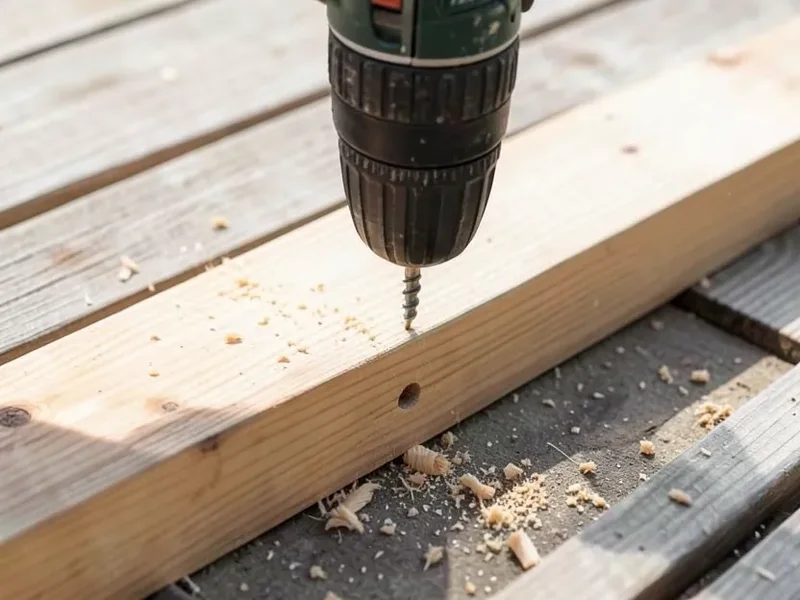 Driving a coated deck screw into a wood deck board with a drill