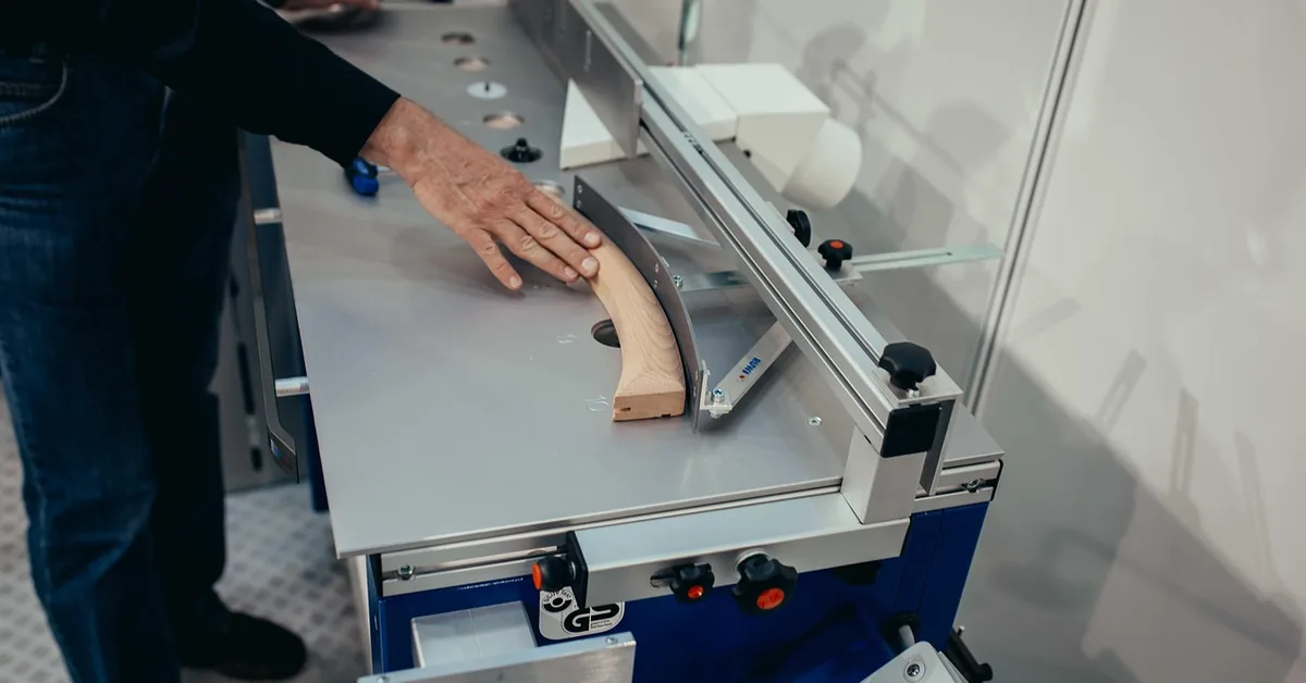 stationary woodworking machine feeding a wood board in a home workshop