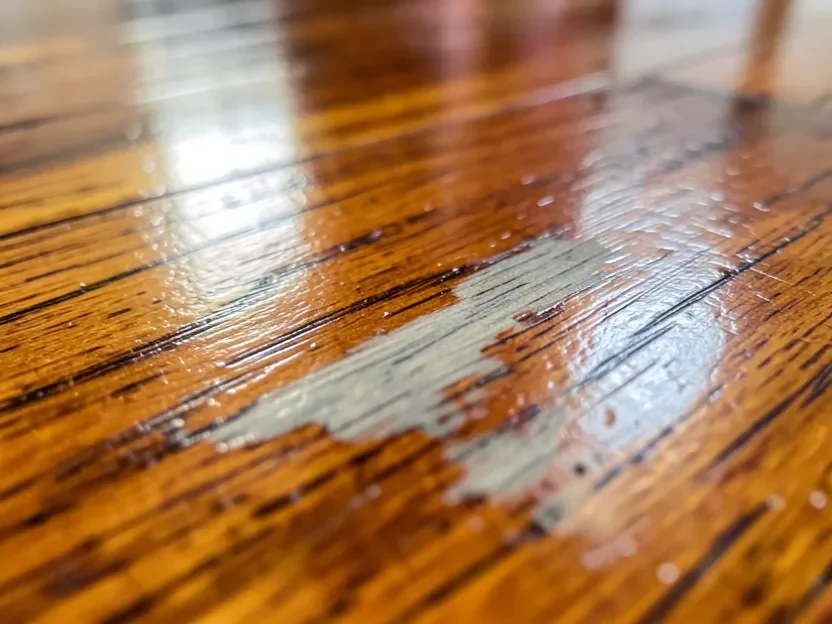 Close-up of a dulled, streaky patch on a hardwood floor finish from repeated harsh cleaner use
