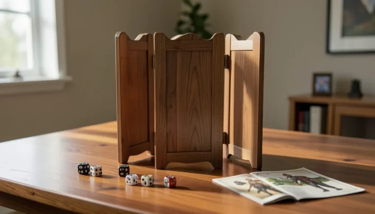Handmade wooden dungeon master screen with folding hinged panels standing on a gaming table with dice