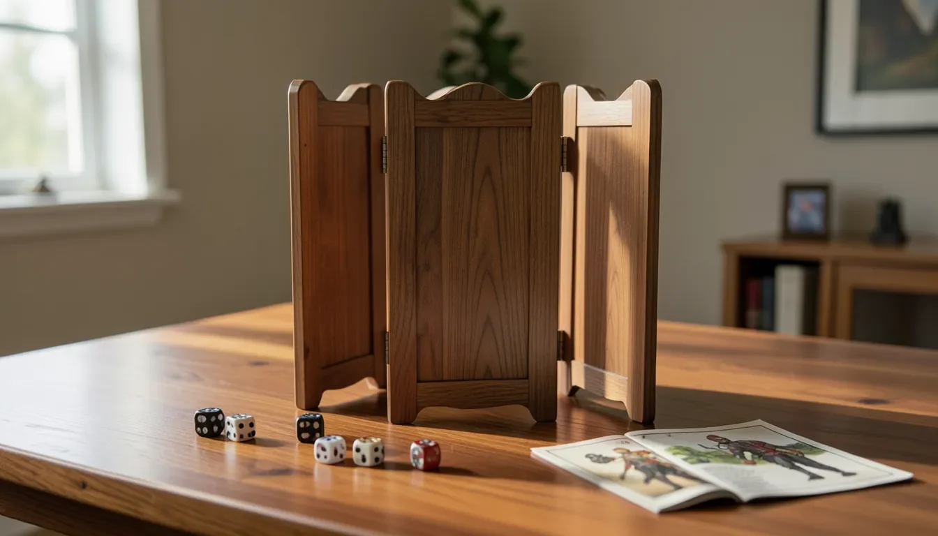 Handmade wooden dungeon master screen with folding hinged panels standing on a gaming table with dice