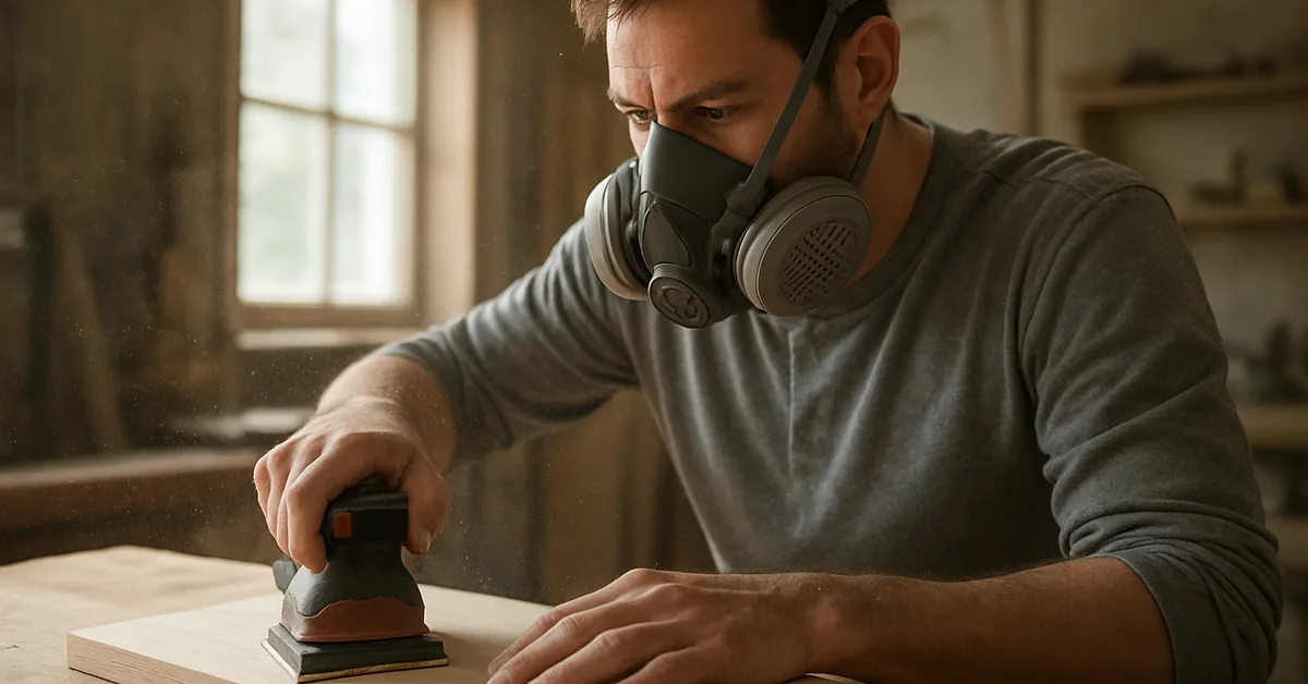 Woodworker wearing a half-face respirator mask while sanding a wood board in a home workshop