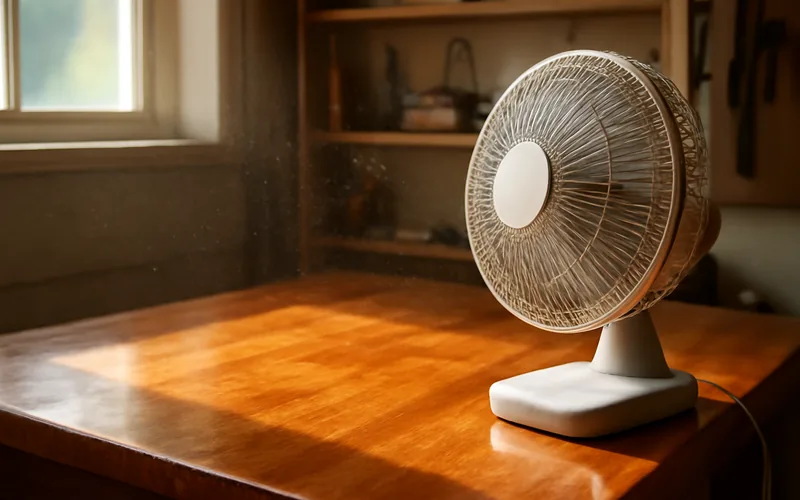Small electric fan blowing air across a freshly varnished wood tabletop in a sunlit workshop Small electric fan blowing air across a freshly varnished wood tabletop in a sunlit workshop