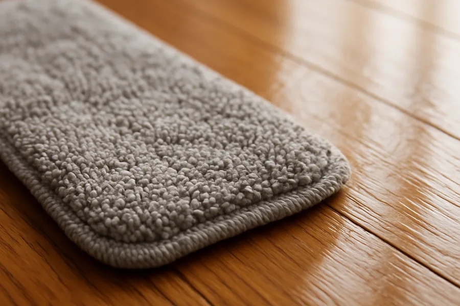 Close-up of a microfiber mop pad on a hardwood floor with light water sheen, illustrating the light-moisture mopping pass this guide recommends Close-up of a microfiber mop pad on a hardwood floor with light water sheen, illustrating the light-moisture mopping pass this guide recommends