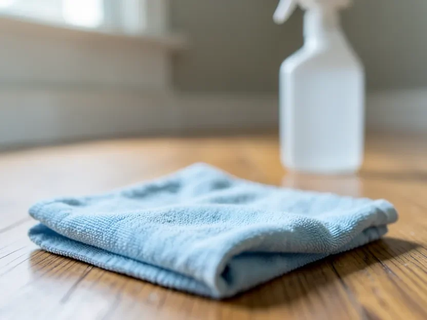 Applying enzymatic cleaner spray to a hardwood floor to remove urine odor