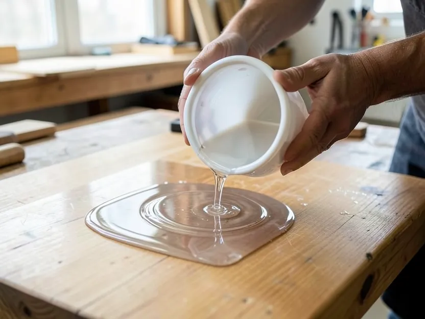 Pouring a fresh coat of clear epoxy resin onto a wood tabletop