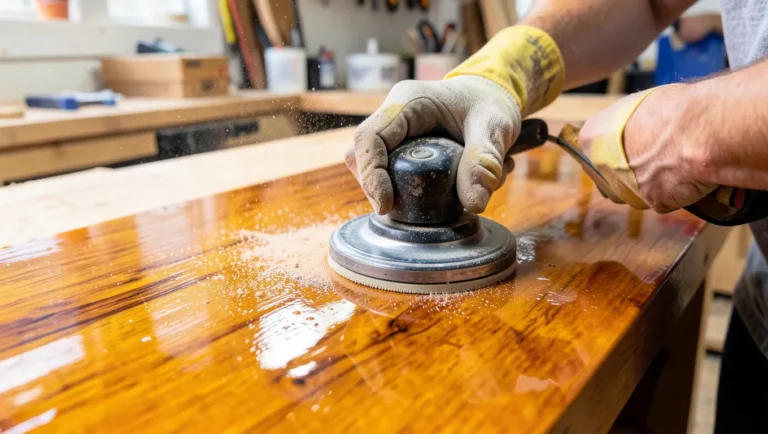 Sanding a cured epoxy tabletop with an orbital sander before recoating