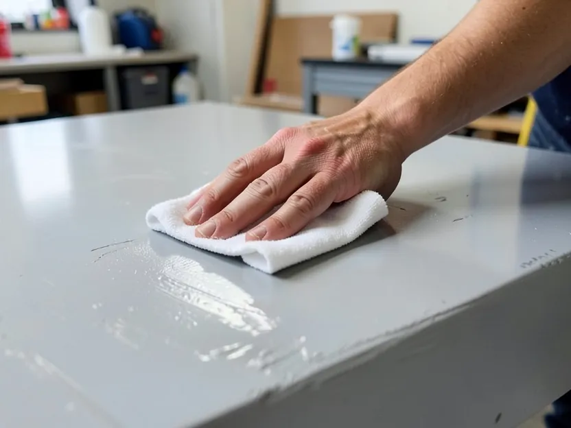 Wiping down a freshly sanded epoxy surface with a clean cloth to remove dust before recoating