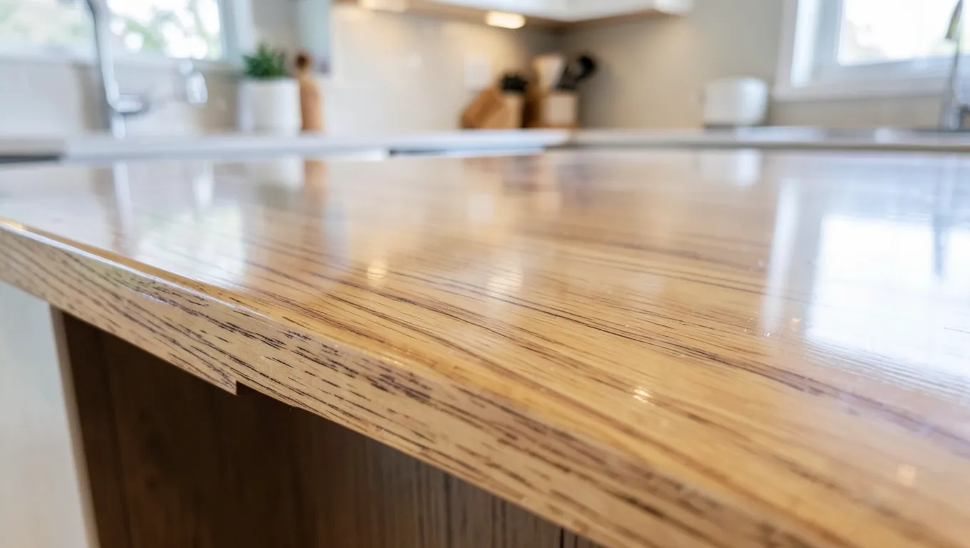 Glossy clear epoxy-coated plywood countertop showing wood grain