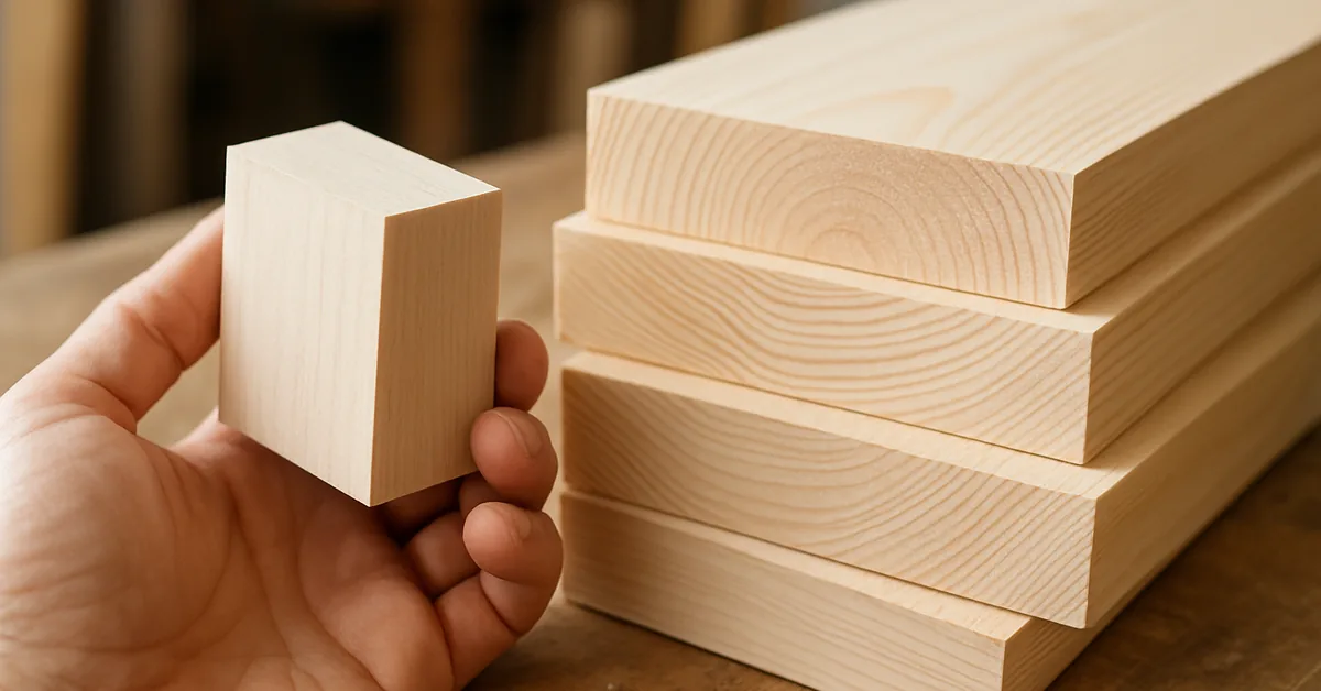 Hand holding a small balsa wood block beside stacked light-colored pine boards, comparing light-weight versus light-colo