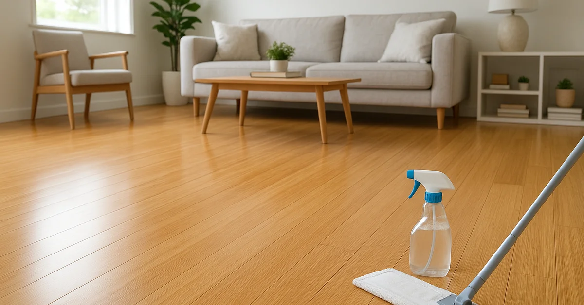 Best bamboo floor cleaner - bright living room with light strand-woven bamboo flooring and a spray bottle and microfiber mop