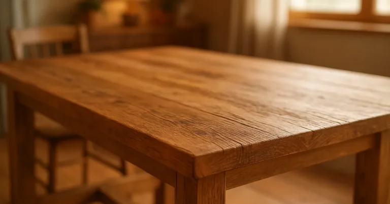 Close-up of a rustic farmhouse dining table with natural wood grain and a low-sheen finish