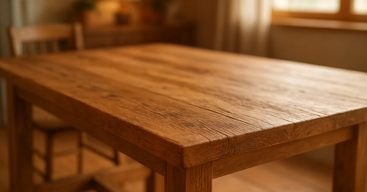 Close-up of a rustic farmhouse dining table with natural wood grain and a low-sheen finish