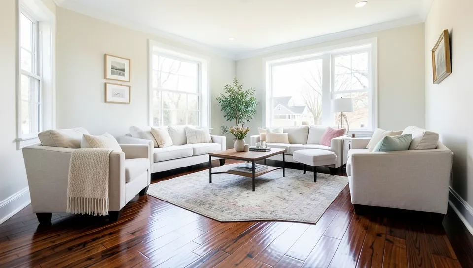 A living room with a freshly refinished dark stained hardwood floor