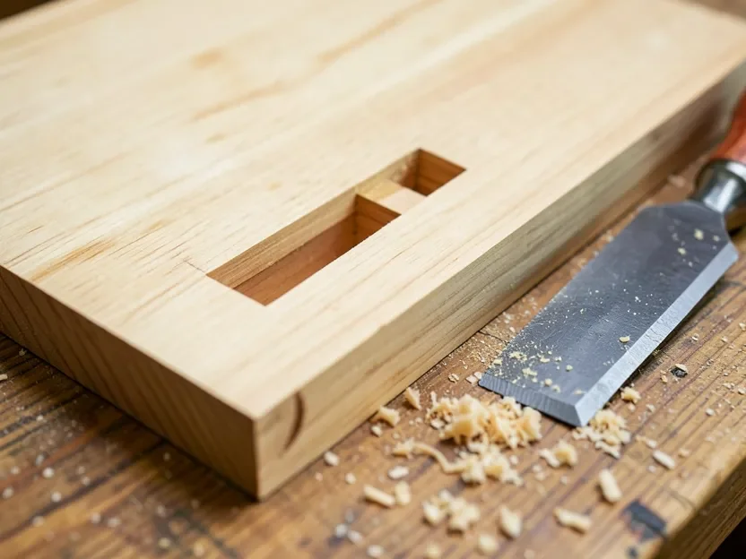 Finished deep slot cut into a wood board next to a beveled chisel