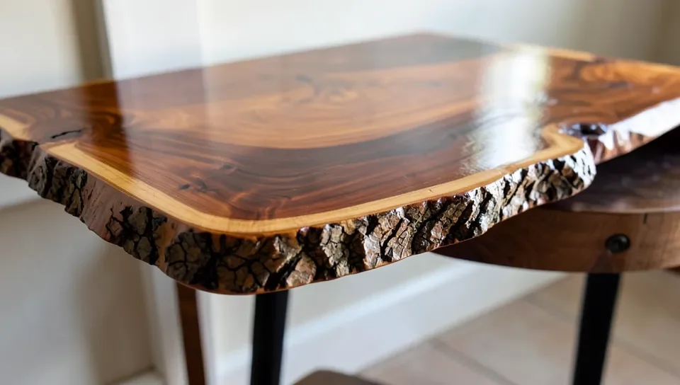 A finished live edge table with an oil finish enhancing the grain